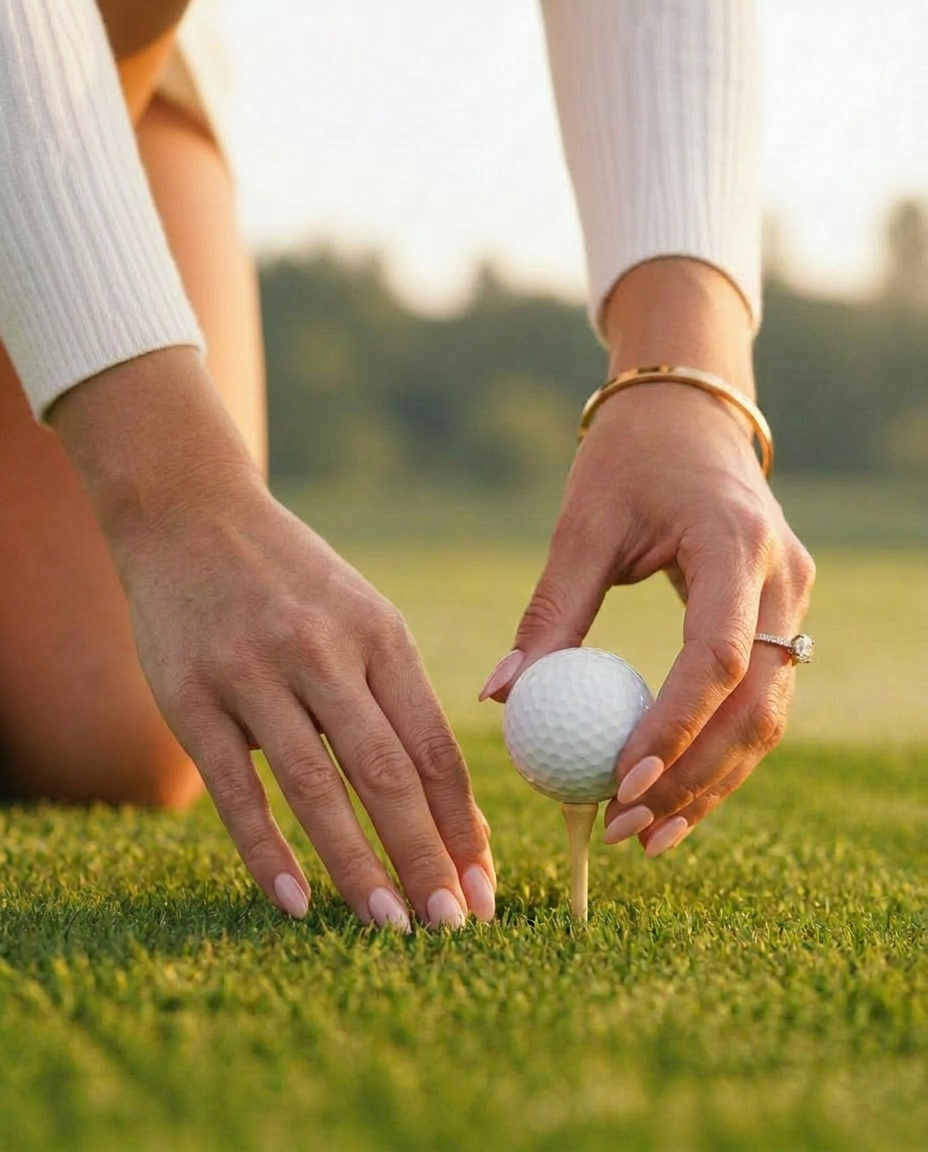 Hands teeing up a golf ball